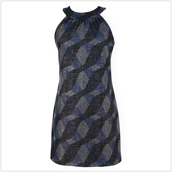 Elie Tahari Briggite Metallic Shimmer Print Blue Gray Black Knit Shift Dress 2 - Picture 2 of 5